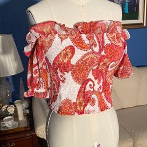 ❤️🤍💙 Express Off the shoulder White top with Pink and Orange design